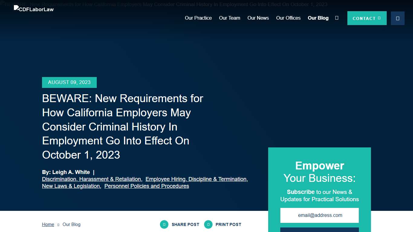BEWARE: New Requirements for How California Employers May Consider Criminal History In Employment Go Into Effect On October 1, 2023 | CDF Labor Law LLP